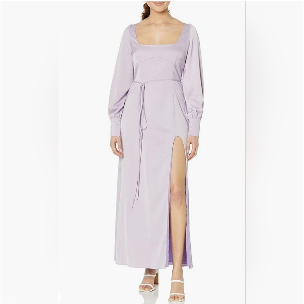 Long‎ Sleeve Maxi Dress Square Neck Tie Back Thigh Slit Lavender-Size Medium